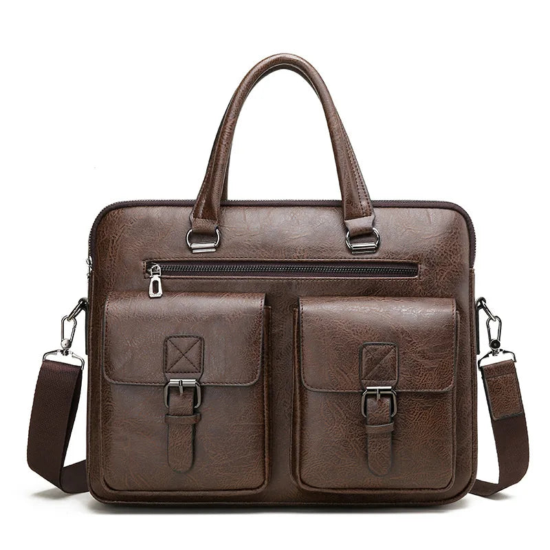 Braunes Herren-Business-Etui aus Kunstleder mit Griff und mehreren Fächern.