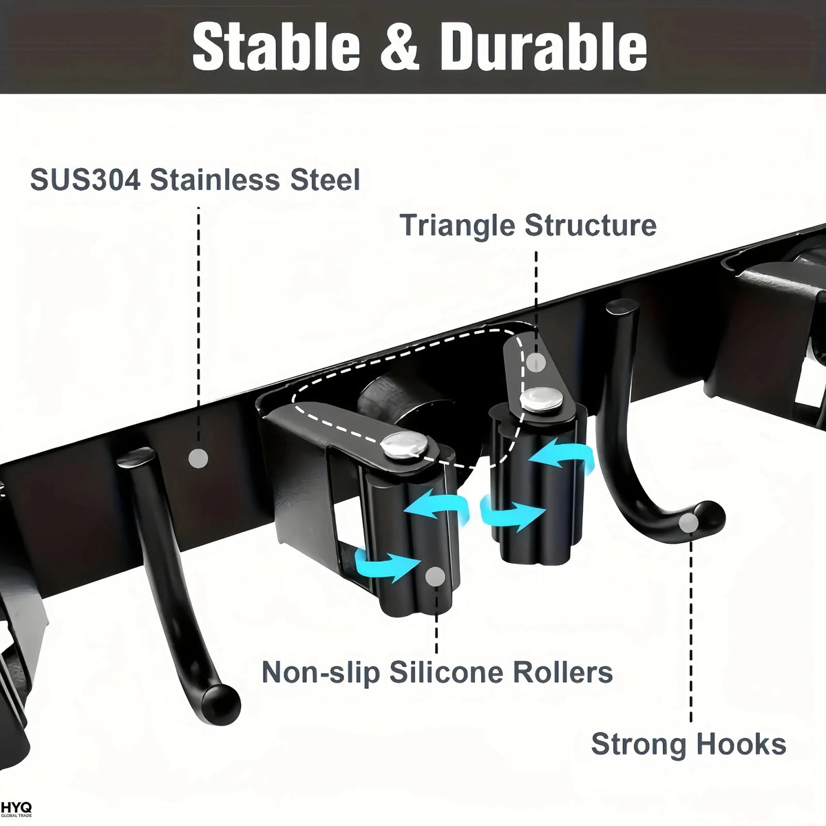 A close-up view of a black stainless steel tool rack featuring a triangle structure and non-slip silicone rollers with strong