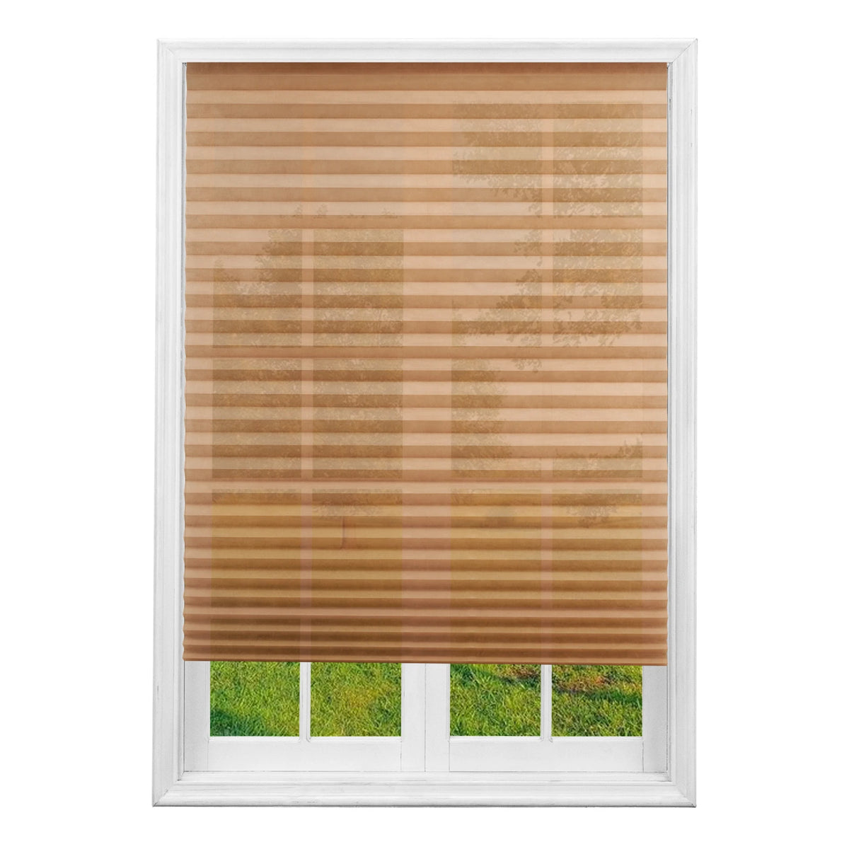 A horizontal pleated paper window blind in a light brown color installed in a white window frame.