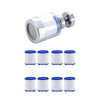 A silver kitchen faucet water filter assembly with multiple white rotating filters.