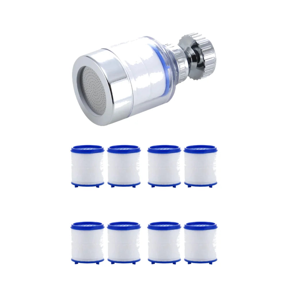 A silver kitchen faucet water filter assembly with multiple white rotating filters.