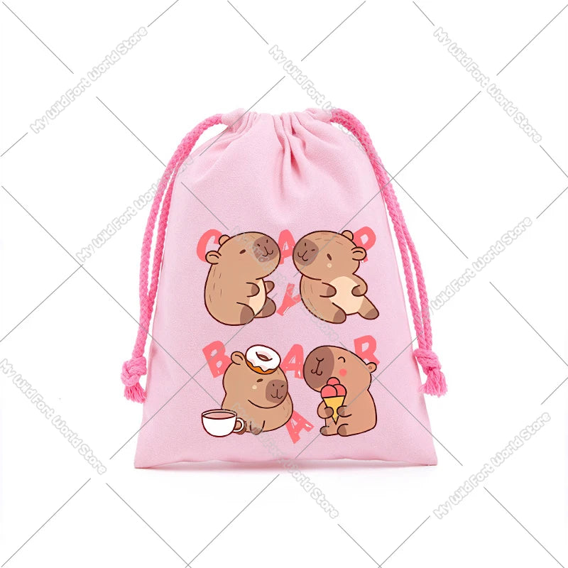 A pink drawstring storage bag featuring cute capybara illustrations.