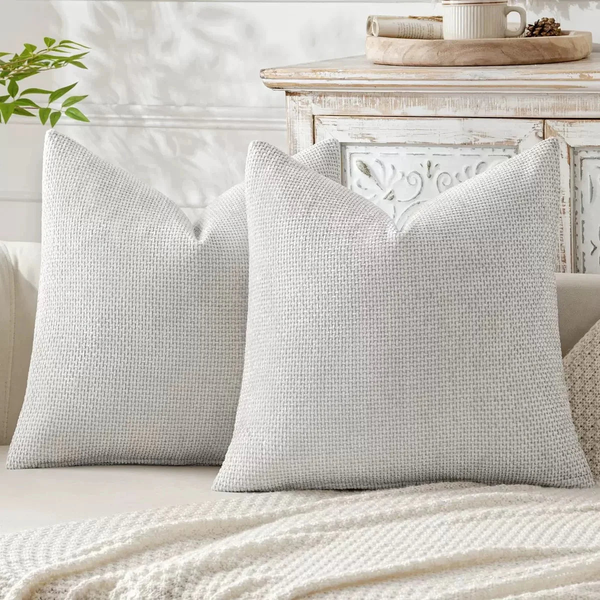 Chenille Knitted Throw Pillow Covers (Set of 2) – Soft Solid Color Cushion Cases for Sofa, Chair, and Car