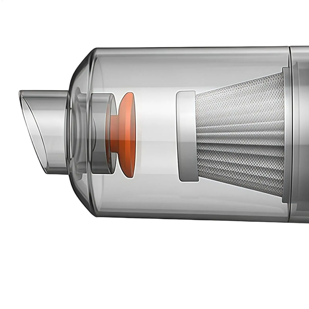 A silver cordless handheld car vacuum cleaner with a visible mesh filter and an orange accent.