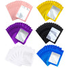 A collection of colorful mylar ziplock bags with clear windows for jewelry and small item packaging in pink, yellow, purple, 