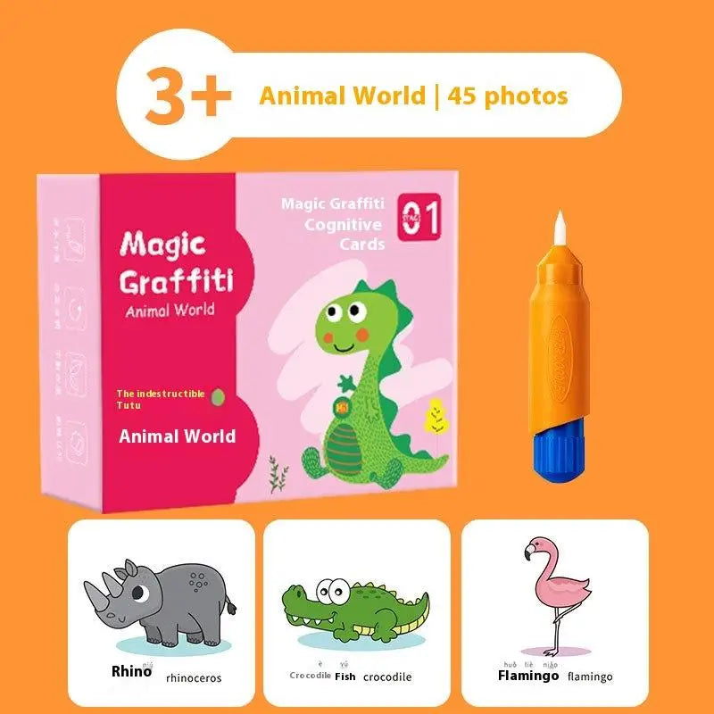 Set of 3+ Magic Graffiti Animal World cognitive cards featuring various animals like rhino, crocodile, and flamingo.