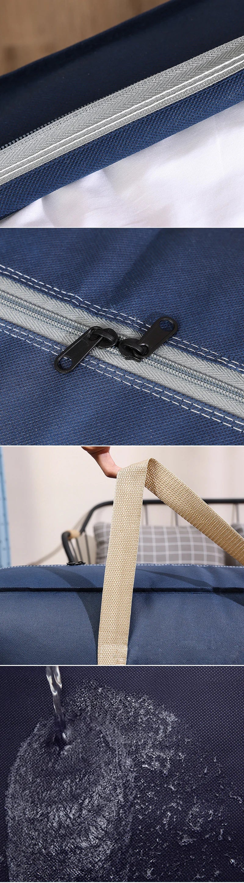 Close-up of a dark blue waterproof bag showing stitching, a zipper pull, and a tan strap detail.