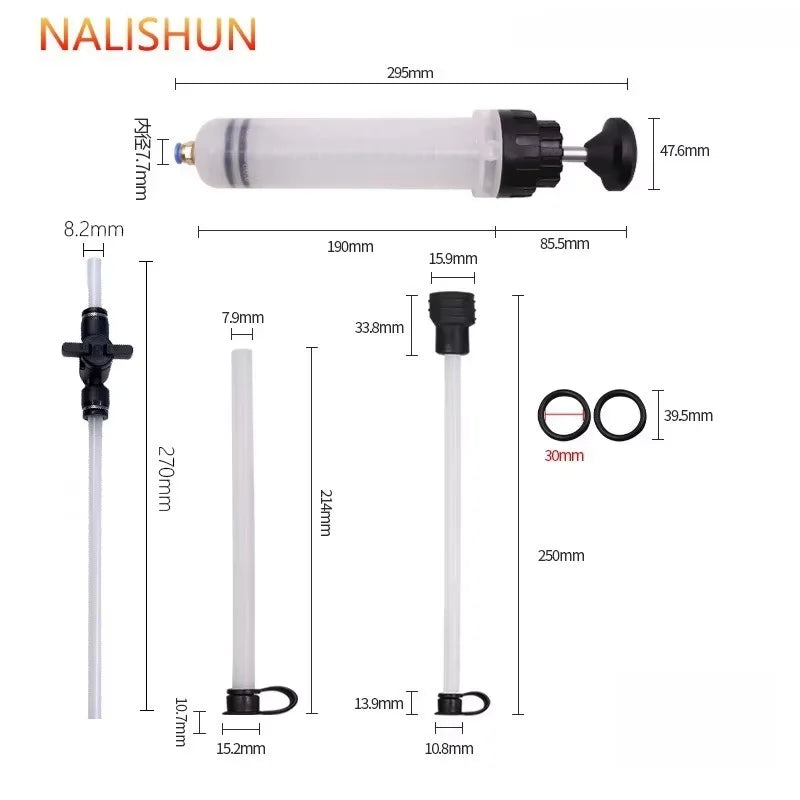 A white manual fluid extractor and injection pump with a long hose shown in various dimensions.