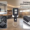 A black universal keychain remote for garage doors is shown next to a hand and in context with a liftmaster door.