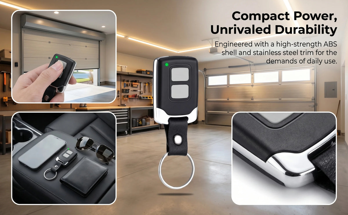 A black universal keychain remote for garage doors is shown next to a hand and in context with a liftmaster door.