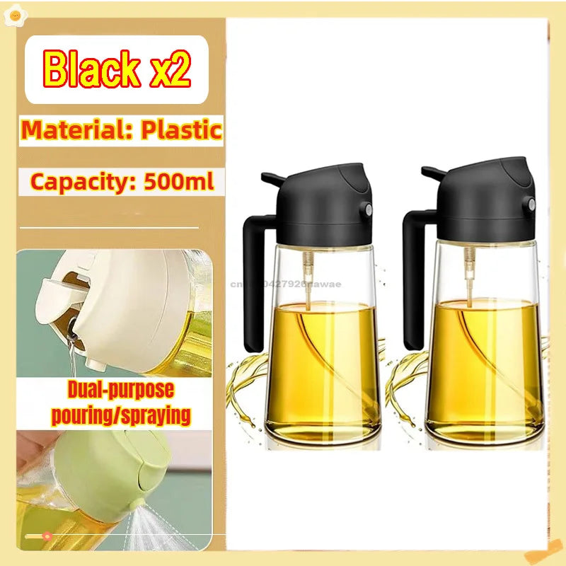 Black plastic oil spray bottle with a dual-purpose pouring and spraying mechanism