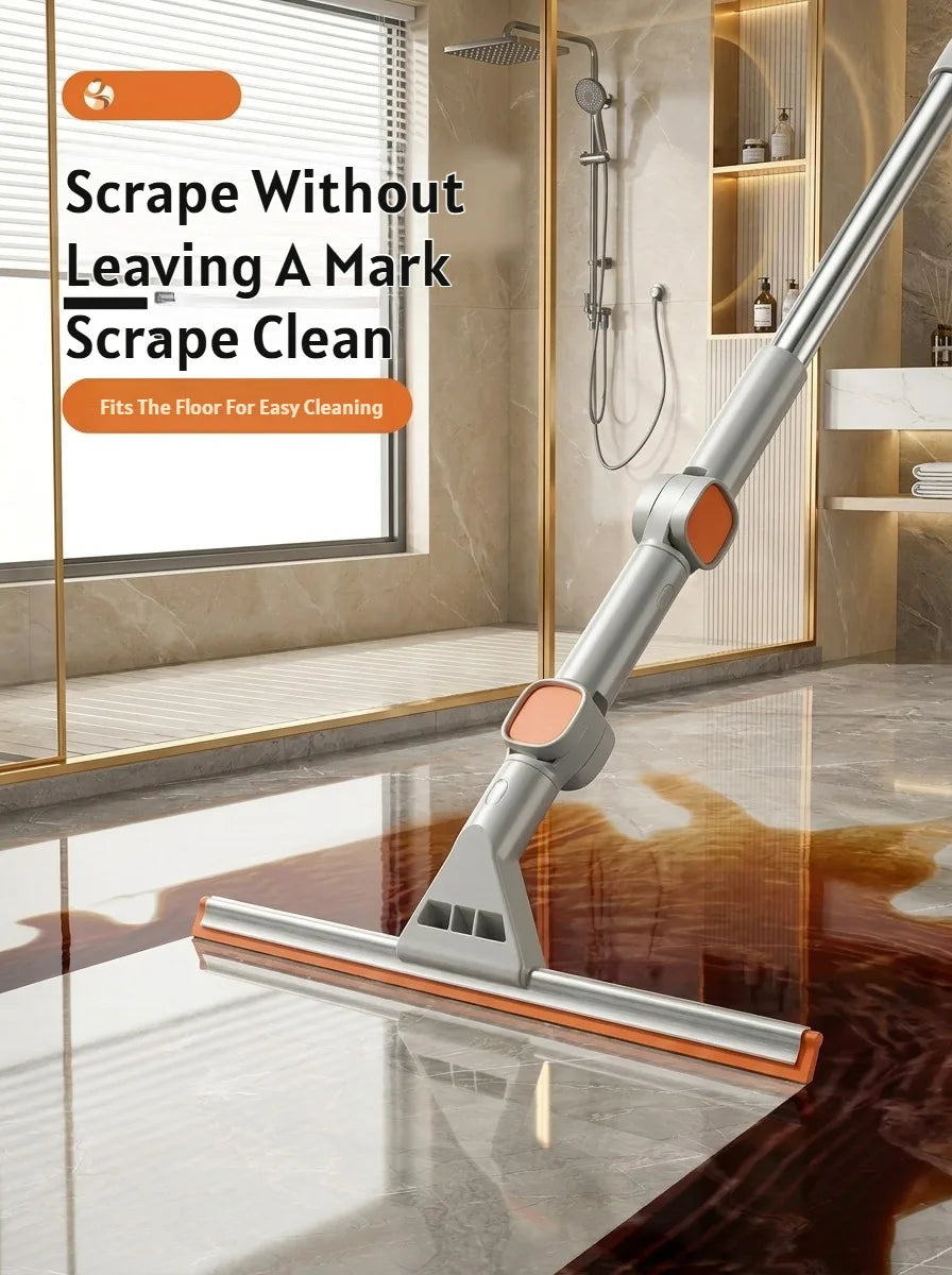 A silver double-sided window cleaning tool with an orange squeegee head is shown cleaning a glass floor.