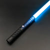 An RGB heavy dueling lightsaber with a blue blade and metal hilt is shown diagonally against a dark background.