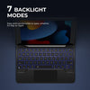 A black magnetic Bluetooth keyboard case with a trackpad shown open, displaying a backlit keyboard layout.