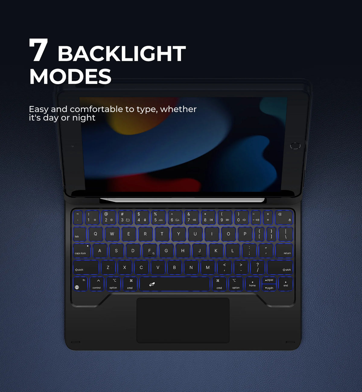 A black magnetic Bluetooth keyboard case with a trackpad shown open, displaying a backlit keyboard layout.