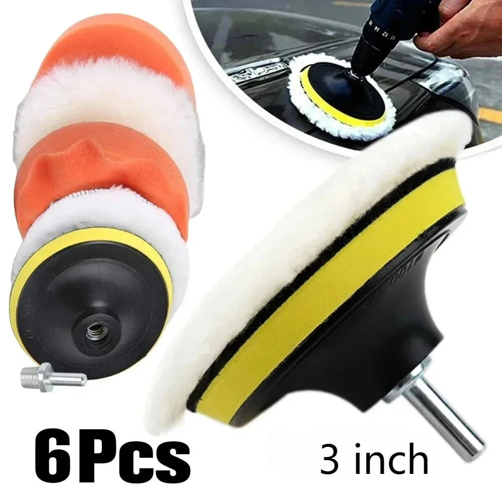 A set of six orange and white car polishing pads with a drill adapter shown next to a car surface.