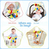 A set of soft plush hanging baby toys shown in context for a baby stroller, crib, and car seat.