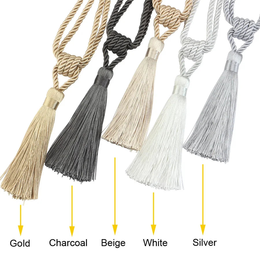 A set of five elegant tassel curtain tiebacks in Gold, Charcoal, Beige, White, and Silver.