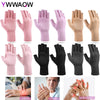 A collection of fingerless compression gloves in various colors including pink, beige, and black, shown for arthritis and car