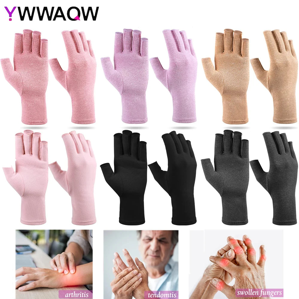 A collection of fingerless compression gloves in various colors including pink, beige, and black, shown for arthritis and car