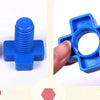 Blue screw building blocks set showing different shapes and sizes of nuts and bolts