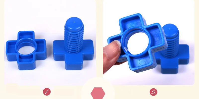 Blue screw building blocks set showing different shapes and sizes of nuts and bolts