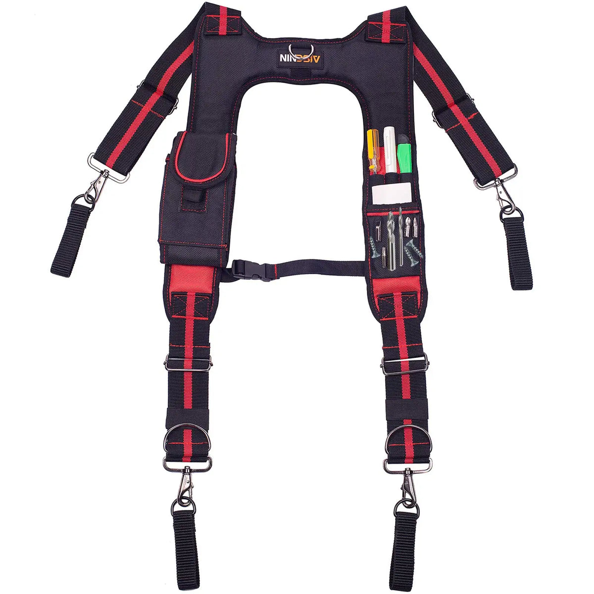 Black heavy duty padded tool belt suspenders with magnetic clips and tool slots