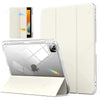 A clear protective case for an iPad with a built-in slot for a stylus or pencil.