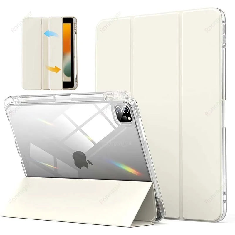 A clear protective case for an iPad with a built-in slot for a stylus or pencil.