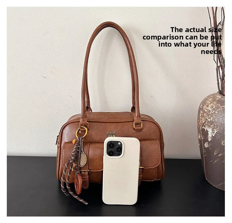 Women's Retro PU Leather Shoulder Bag with Multiple Pockets & Detachable Charm