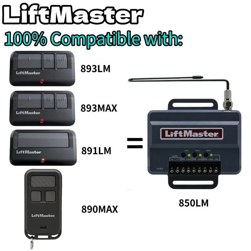 LiftMaster universal garage door opener receiver compatible with various models including 893LM, 893MAX, 891LM, 890MAX, and 8