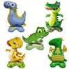 A collection of foil balloons shaped like various dinosaurs in green, yellow, and blue colors.