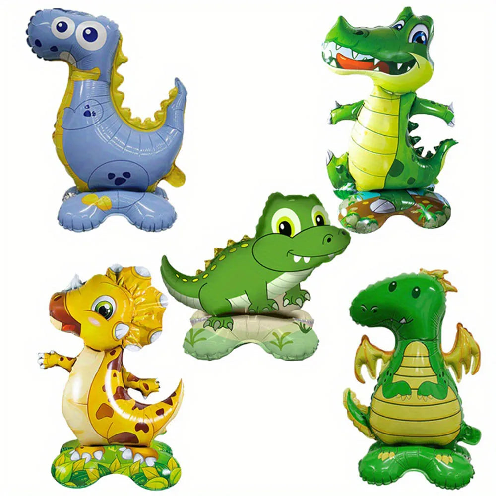 A collection of foil balloons shaped like various dinosaurs in green, yellow, and blue colors.