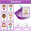 A set of 15 emotion flash cards featuring various facial expressions and words for children.