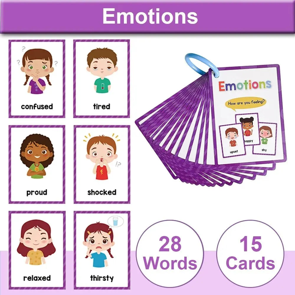 A set of 15 emotion flash cards featuring various facial expressions and words for children.