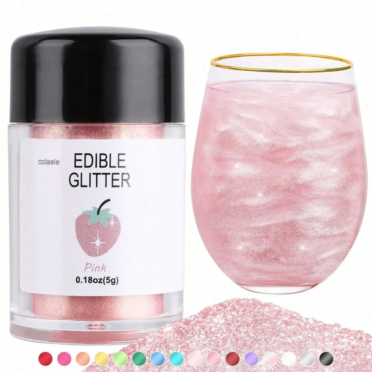 A jar of pink edible glitter powder next to a glass of pink liquid and a pile of pink glitter.