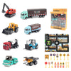 A set of six die-cast construction truck toys including an excavator, loader, and tractor.