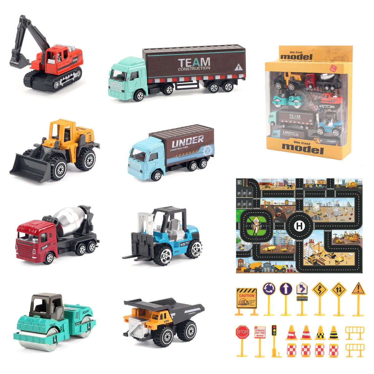 A set of six die-cast construction truck toys including an excavator, loader, and tractor.