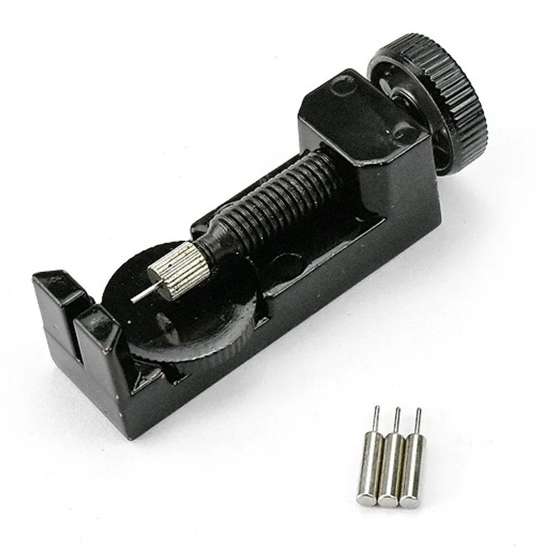 A black watch band link remover and pin extractor kit with a threaded tool and several pins.