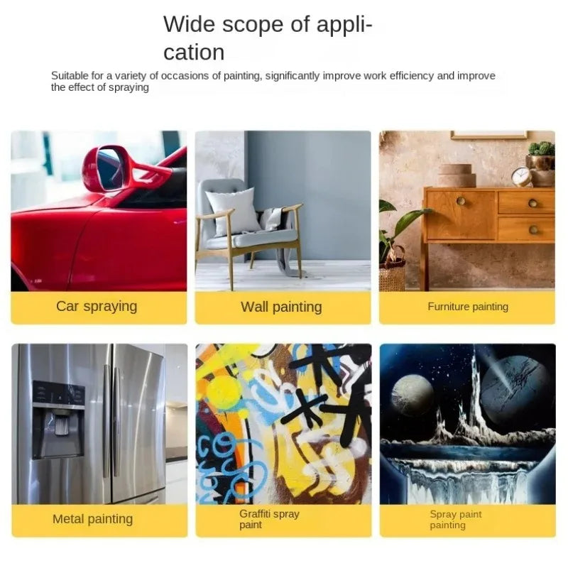 A collection of various paint applications including car, wall, furniture, and metal painting examples.