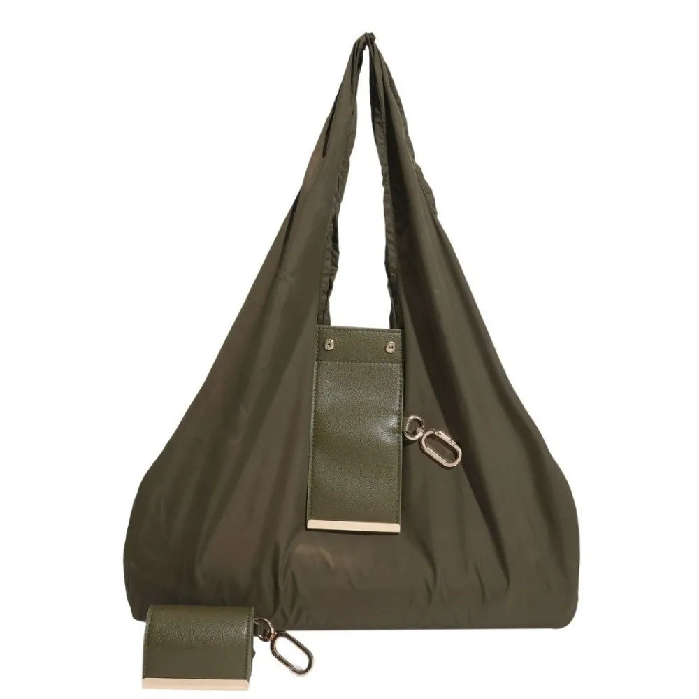 A dark olive green retractable keychain tote bag folded into a compact pouch.
