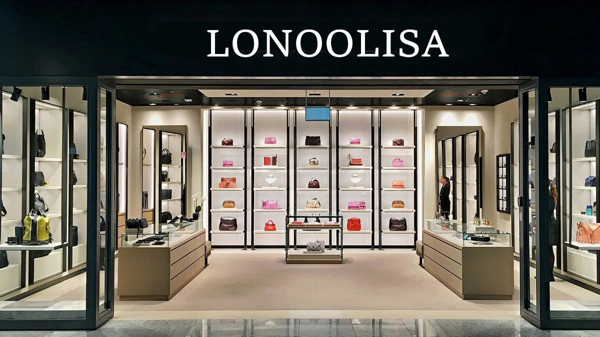 A retail display of women's three-layer leather shoulder bags with crossbody straps on white shelving.