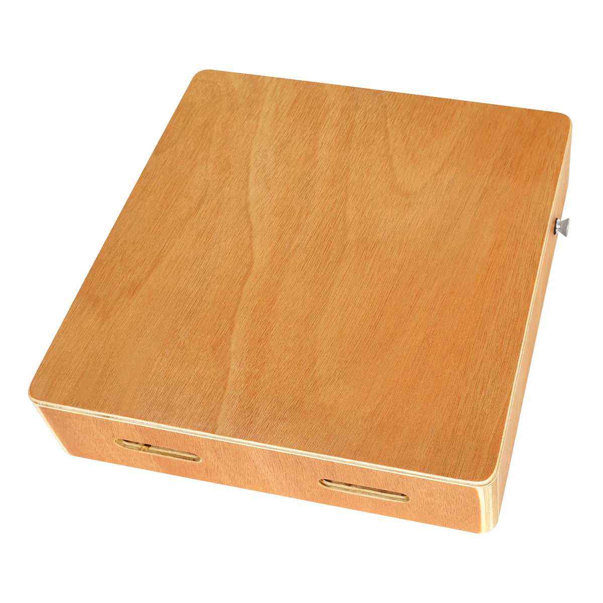 A light wood compact travel cajon drum with a lid and adjustable strap.