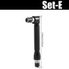 A black flexible drill bit extension kit with a right angle adapter and a threaded end.