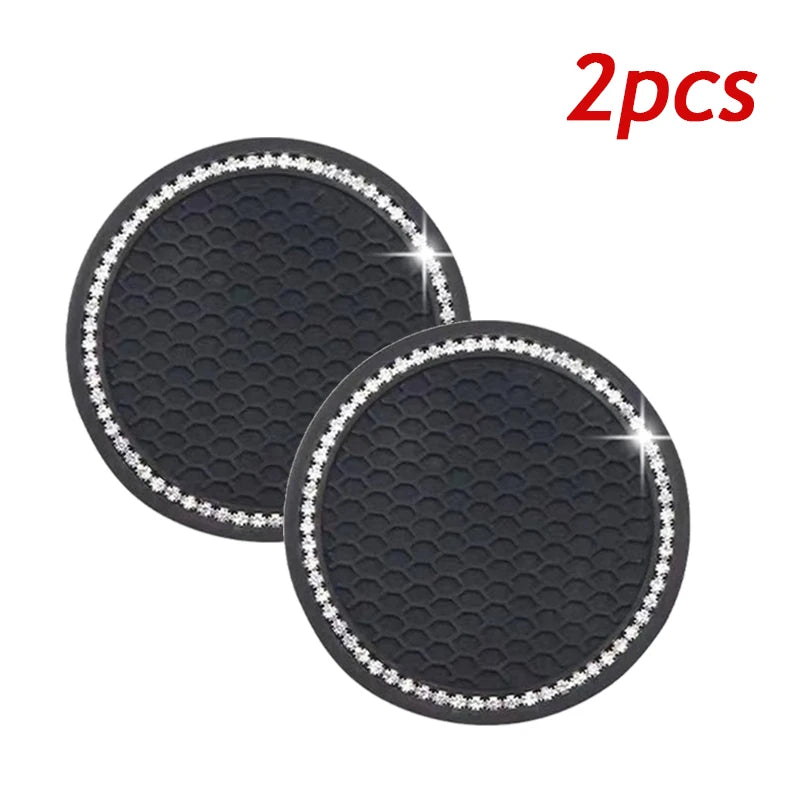 Two black crystal rhinestone non-slip cup mats for cars