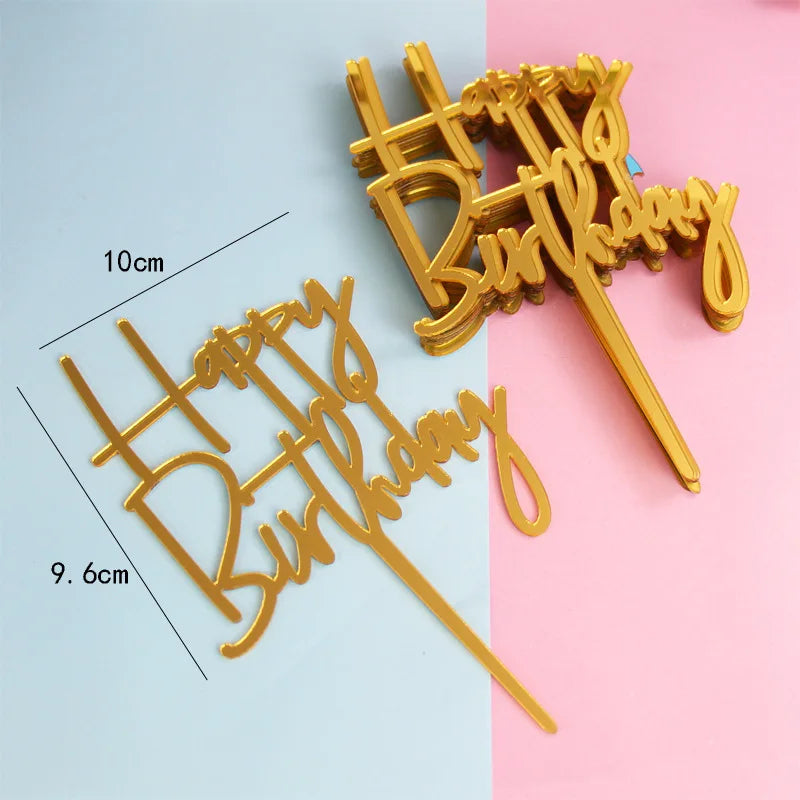 Gold Acrylic Happy Birthday Cake Toppers (Set of 10)