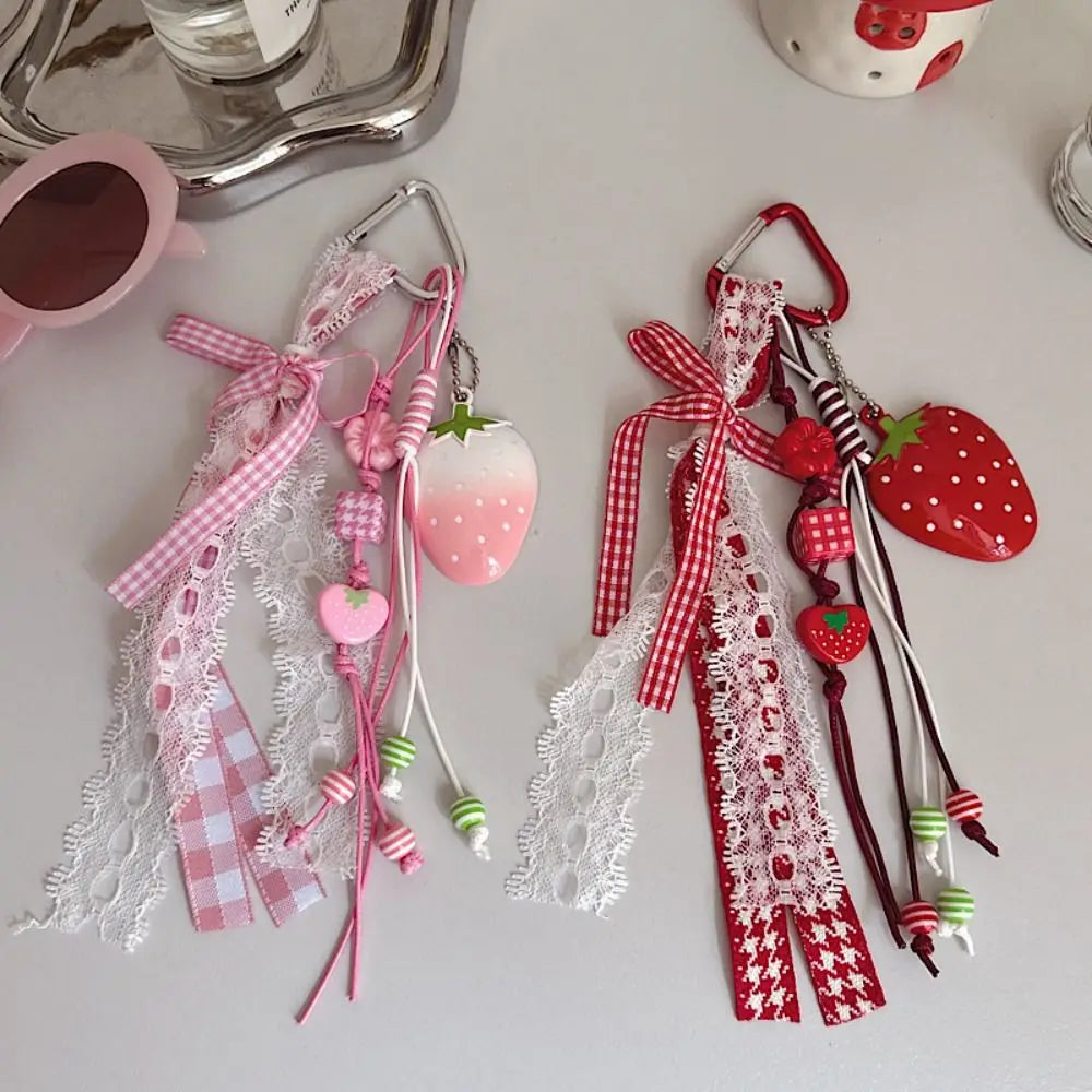Strawberry Bag Charm Keychain with Ribbon Bow