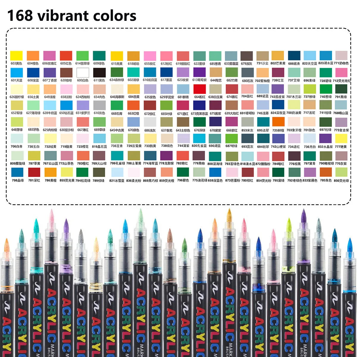 A collection of acrylic markers featuring 168 vibrant colors displayed in a grid format.