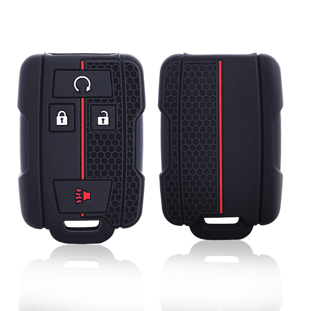 Black silicone key fob cover for Chevy Silverado and GMC Sierra with a 4-button remote.