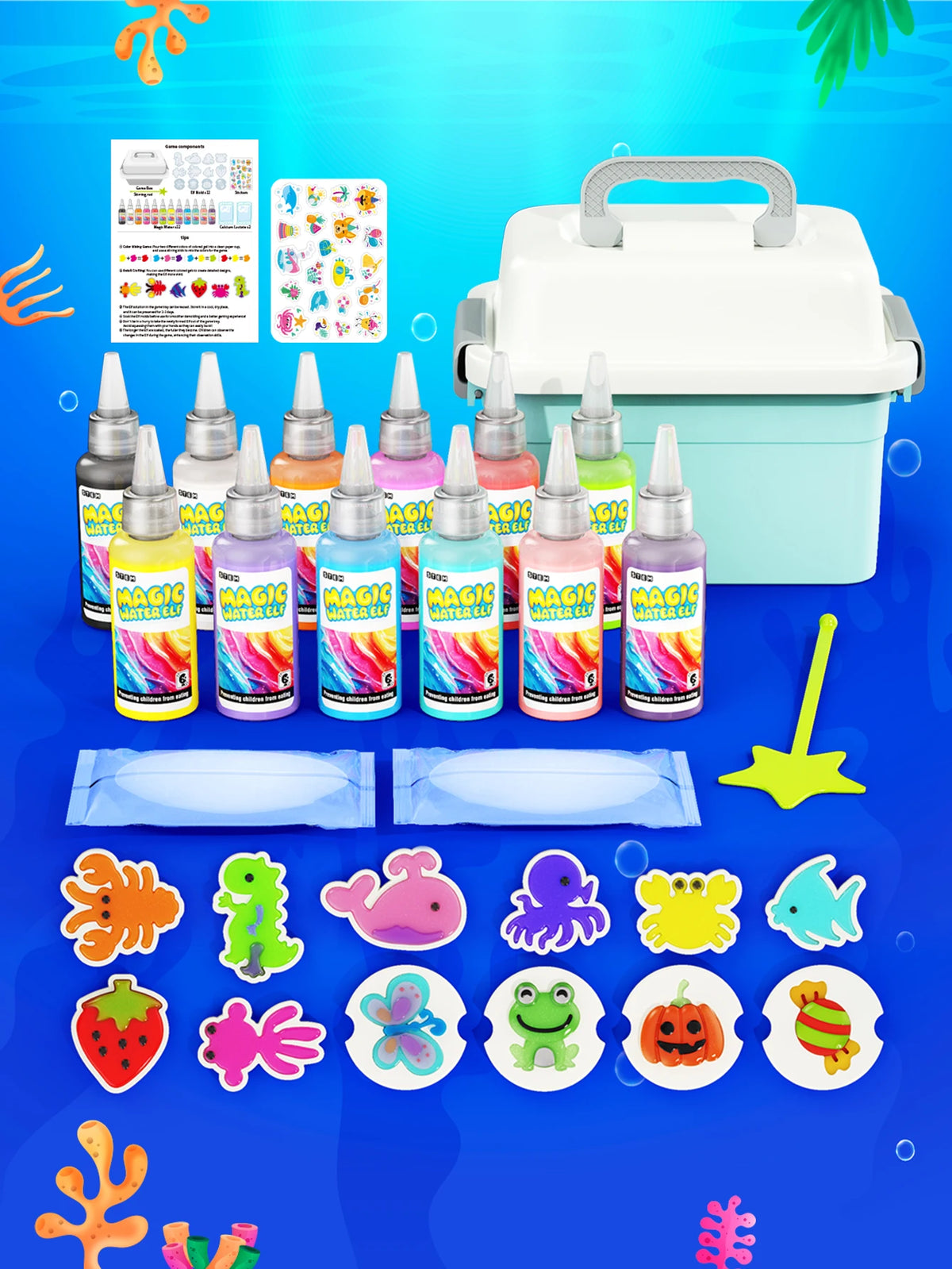 A colorful DIY 3D Water Elf Science Kit with graffiti painting for kids featuring various bottles and craft elements.